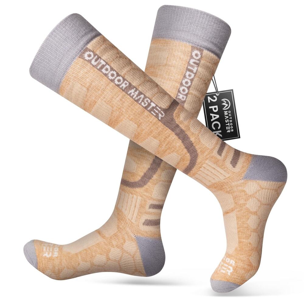 Outdoor Master Hiking Socks Merino Wool 2 Pack Size M Beige Brown Crew Thermal